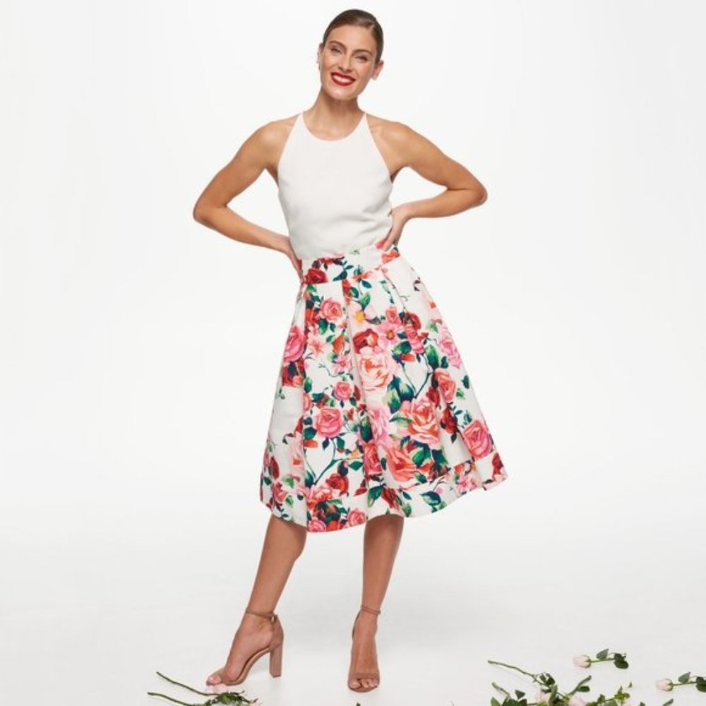 Eliza J Pleated Rose Floral Midi Skirt